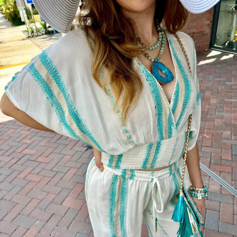 Surf Gypsy Boho Turquoise Striped Flowy Beach Top Sz S